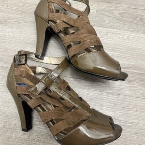 Sofft Olive Patent & Suede Strappy Peep-Toe Heels